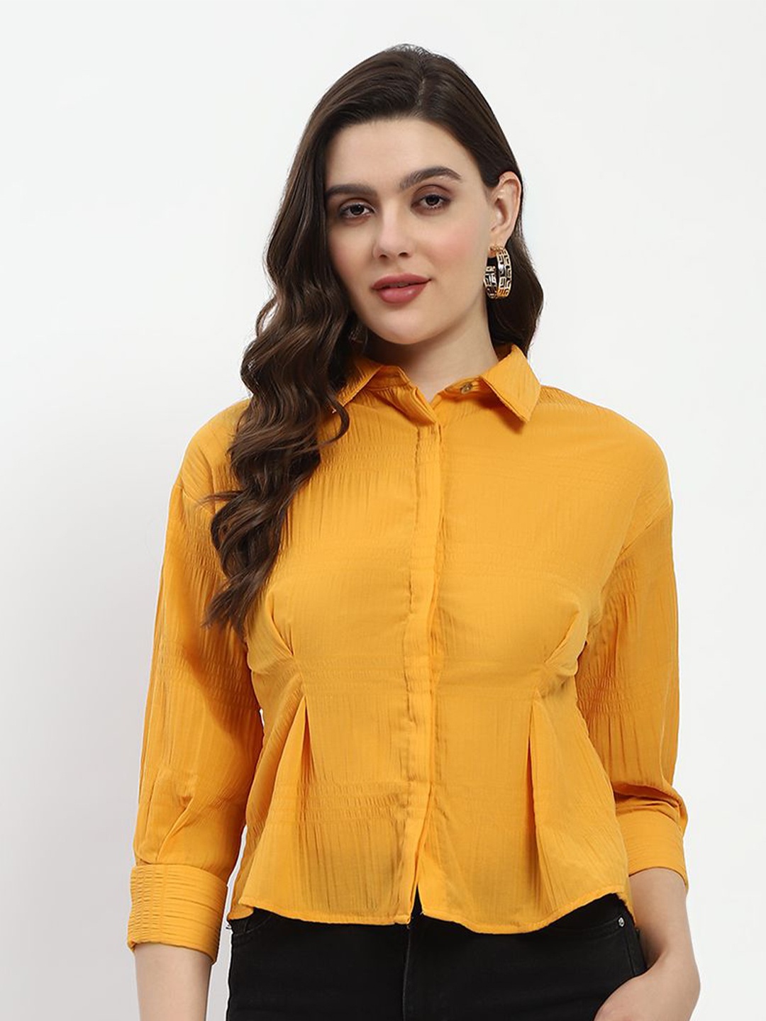 

Madame Women Spread Collar Roll-Up Sleeves Opaque Casual Shirt, Mustard