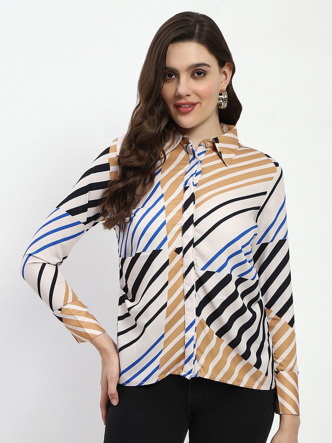 

Madame Women Opaque Striped Spread Collar High-Low Casual Shirt, Off white