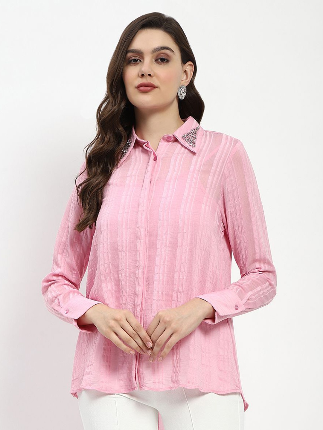 

Madame Women Vertical Stripes Spread Collar Opaque Casual Shirt, Pink