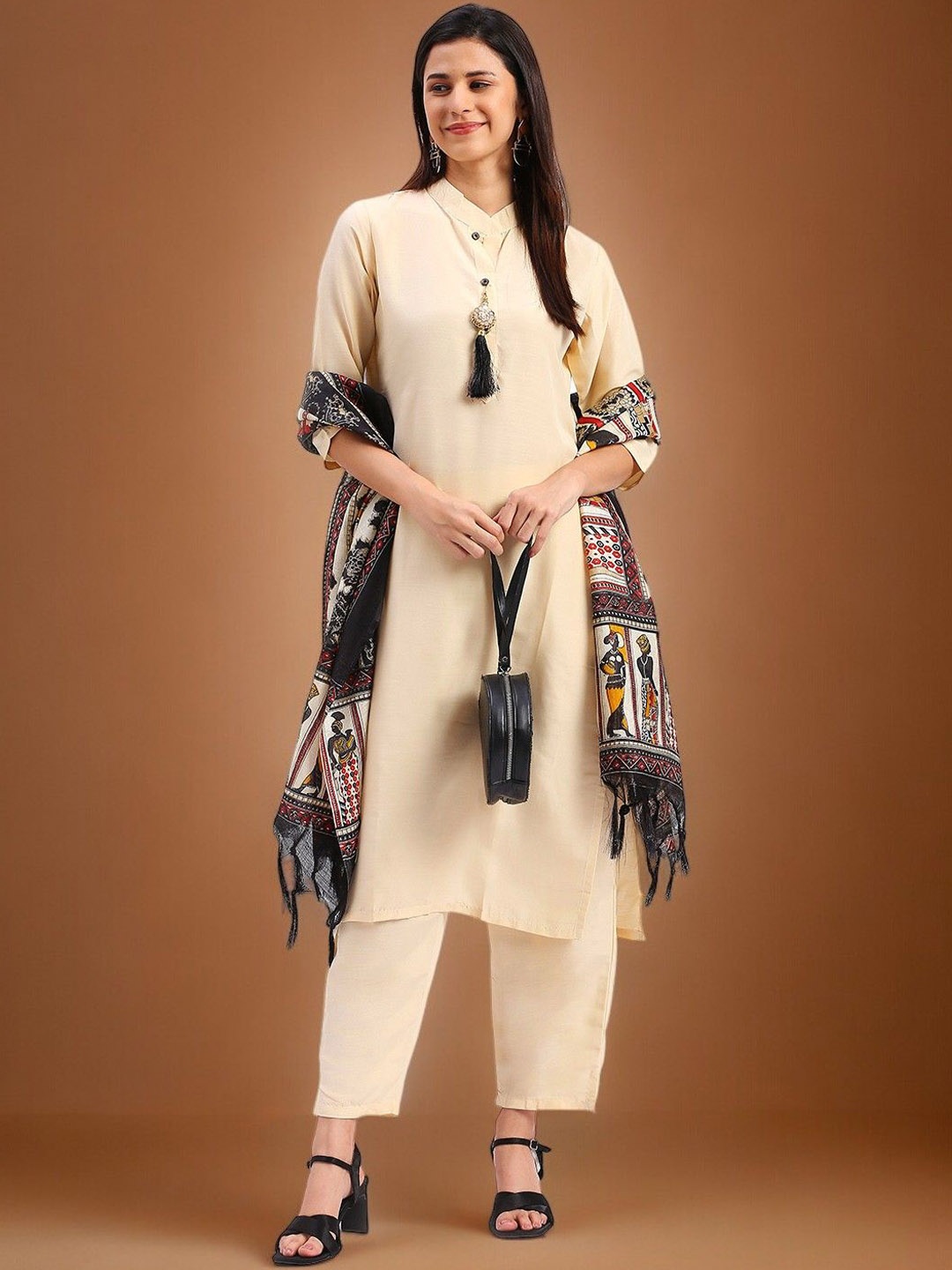 

MORLY Mandarin Collar Straight Kurta With Trousers & Dupatta, Beige