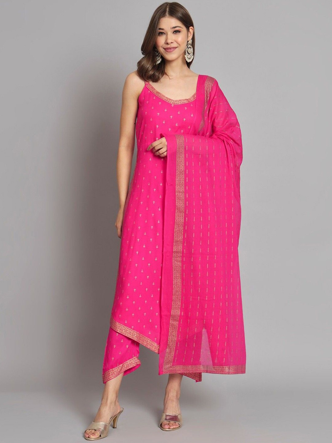 

Shedika Ethnic Motifs Printed Straight Kurta with Trousers & Dupatta, Pink