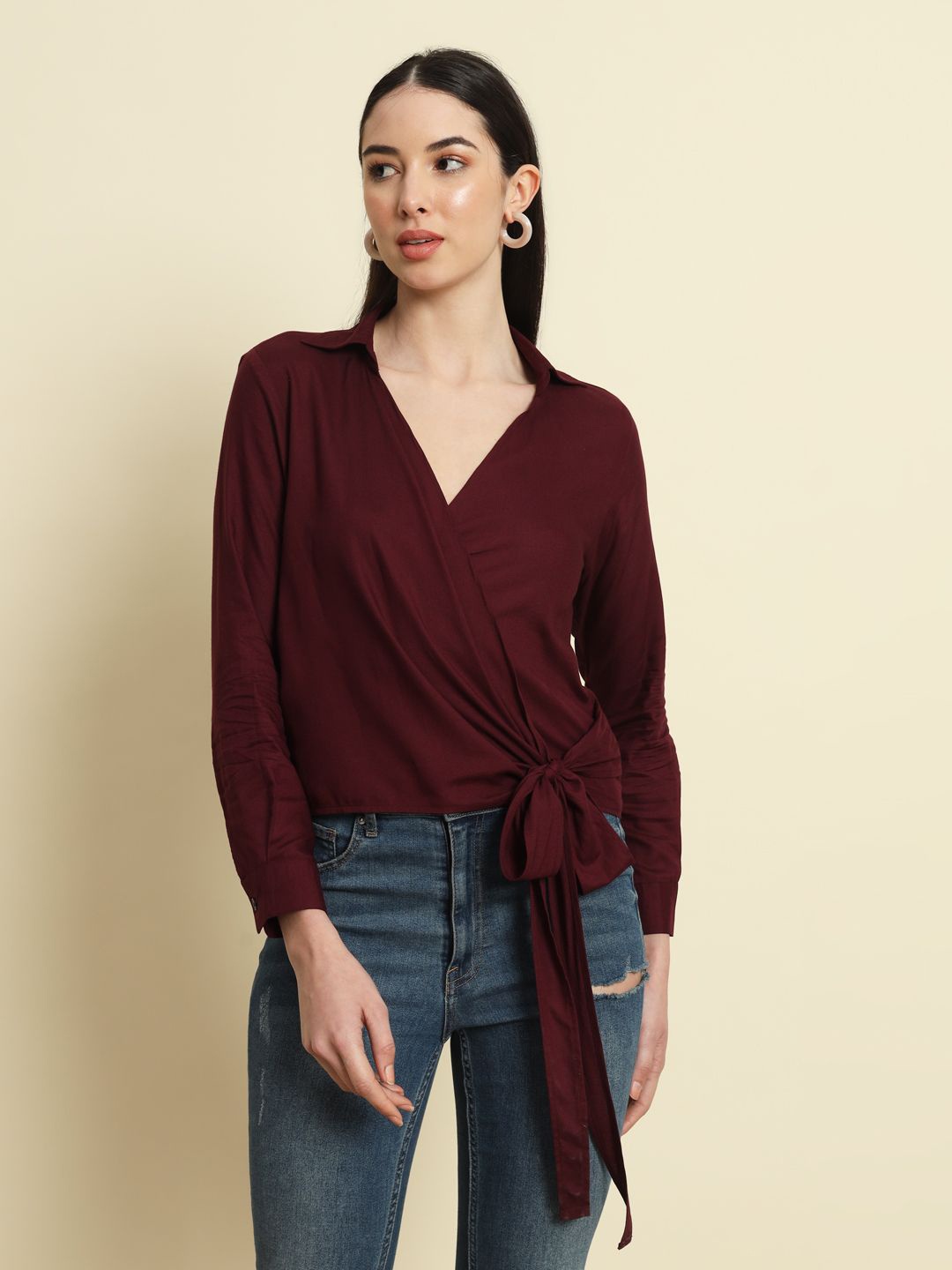 

Trend Arrest V-Neck Cuffed Sleeves Wrap Top, Burgundy