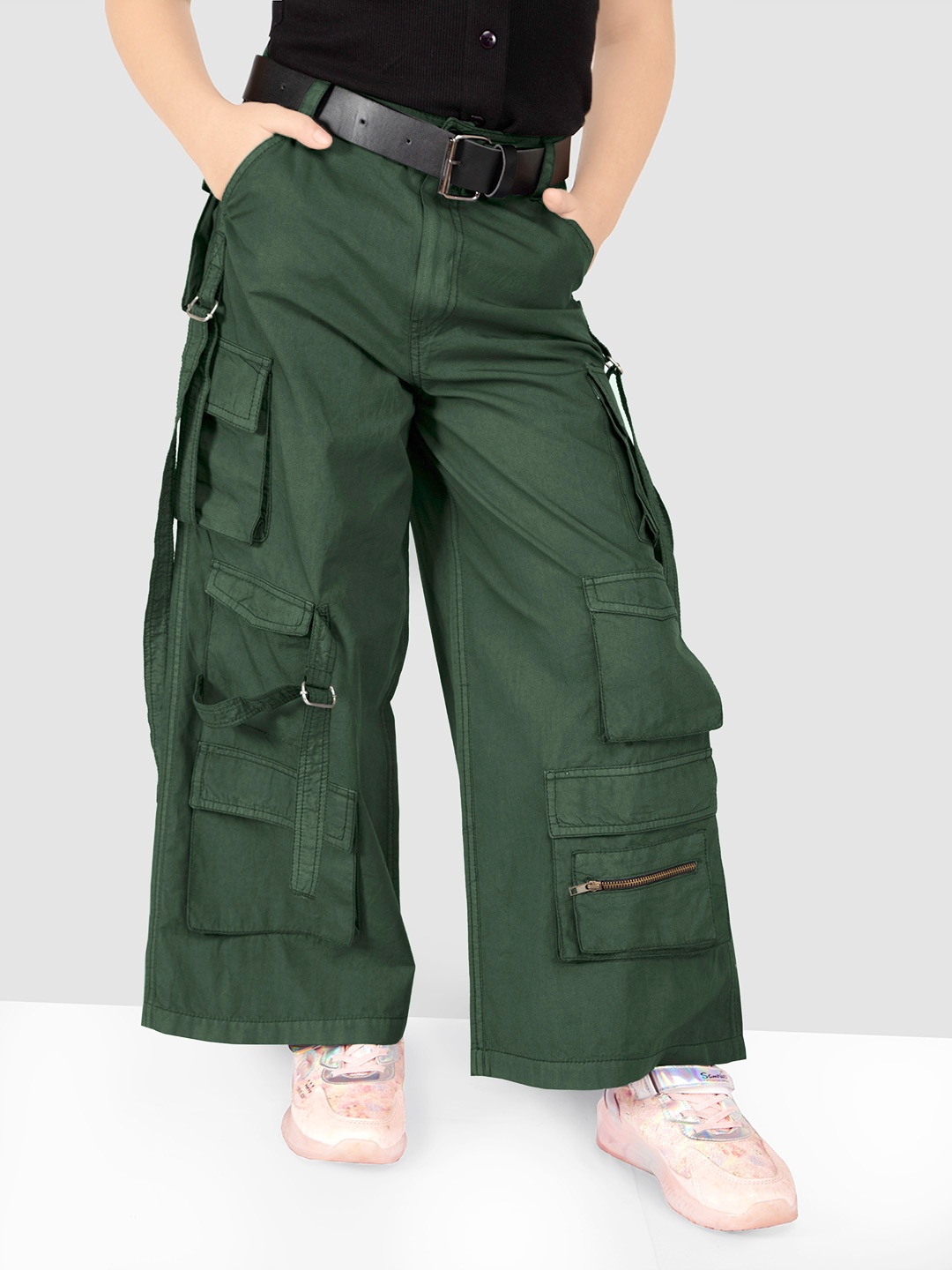 

Naughty Ninos Girls Comfort Loose Fit Easy Wash cargo Trousers, Olive