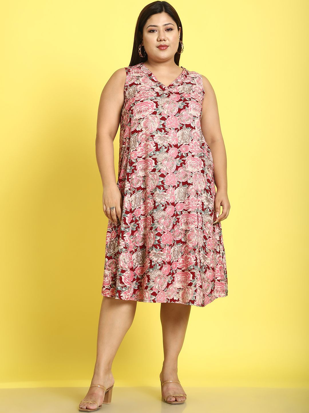 

theRebelinme Plus Size Floral Print A-Line Dress, Maroon