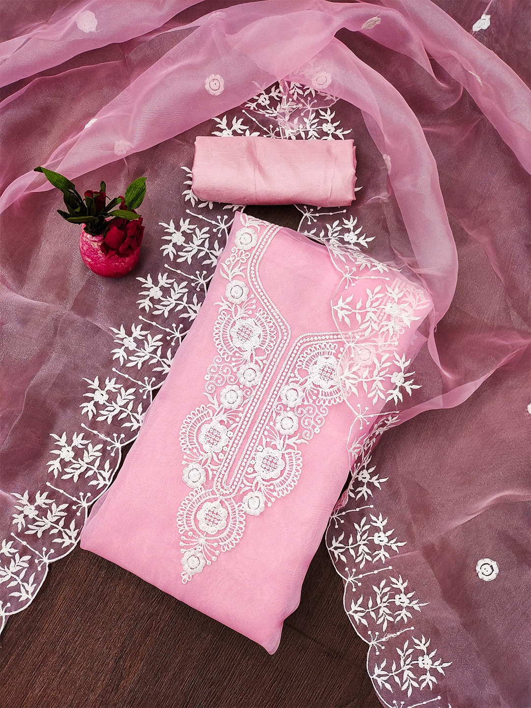 

KALINI Embroidered Organza Unstitched Dress Material, Pink