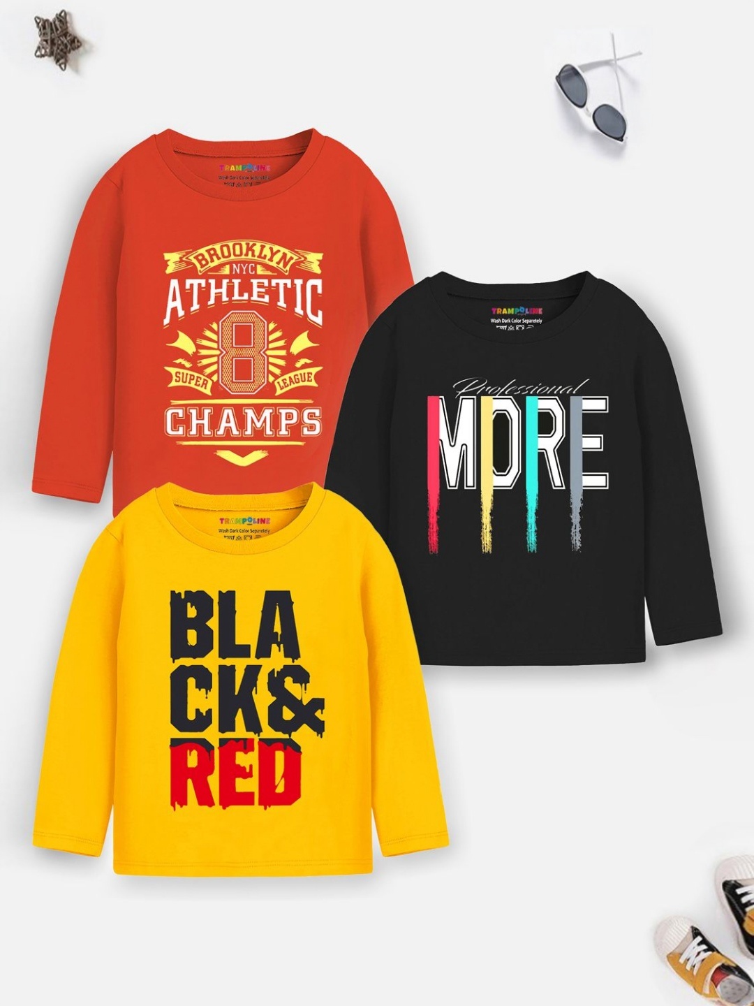 

YK X Trampoline Boys Pack Of 3 Typography Printed Round Neck T-shirts, Black