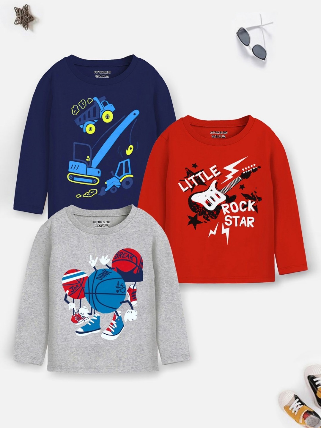 

YK X Trampoline Girls Pack Of 3 Graphic Printed Round Neck T-shirts, Blue