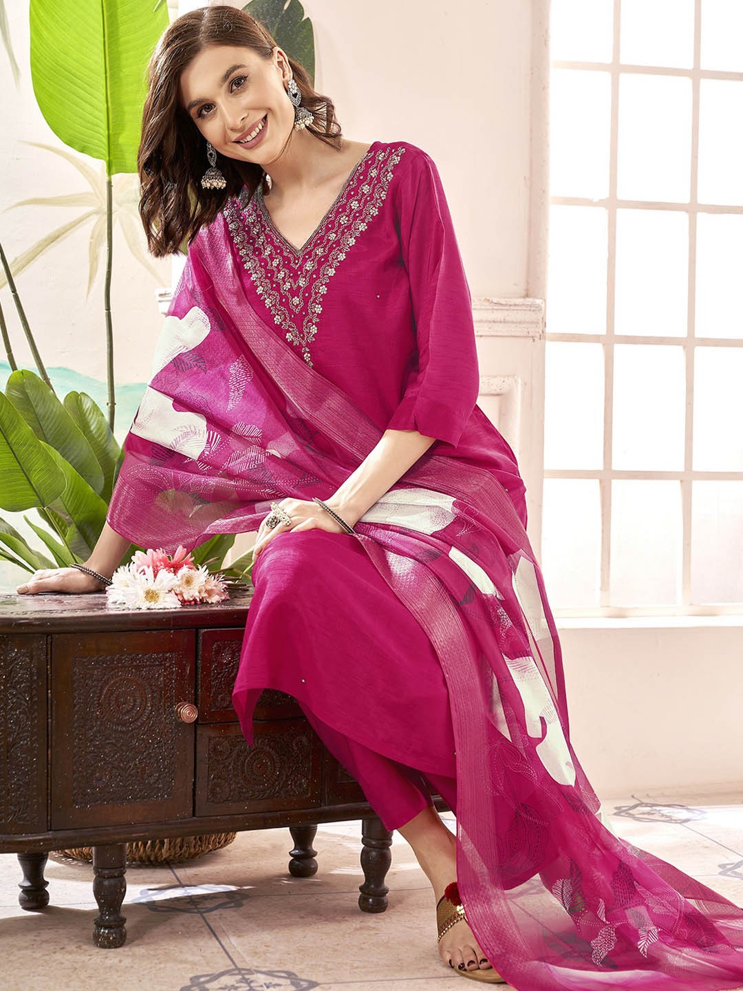 

Anouk Pink Floral Yoke Design Beads & Stones Jacquard Kurta with Trousers & Dupatta