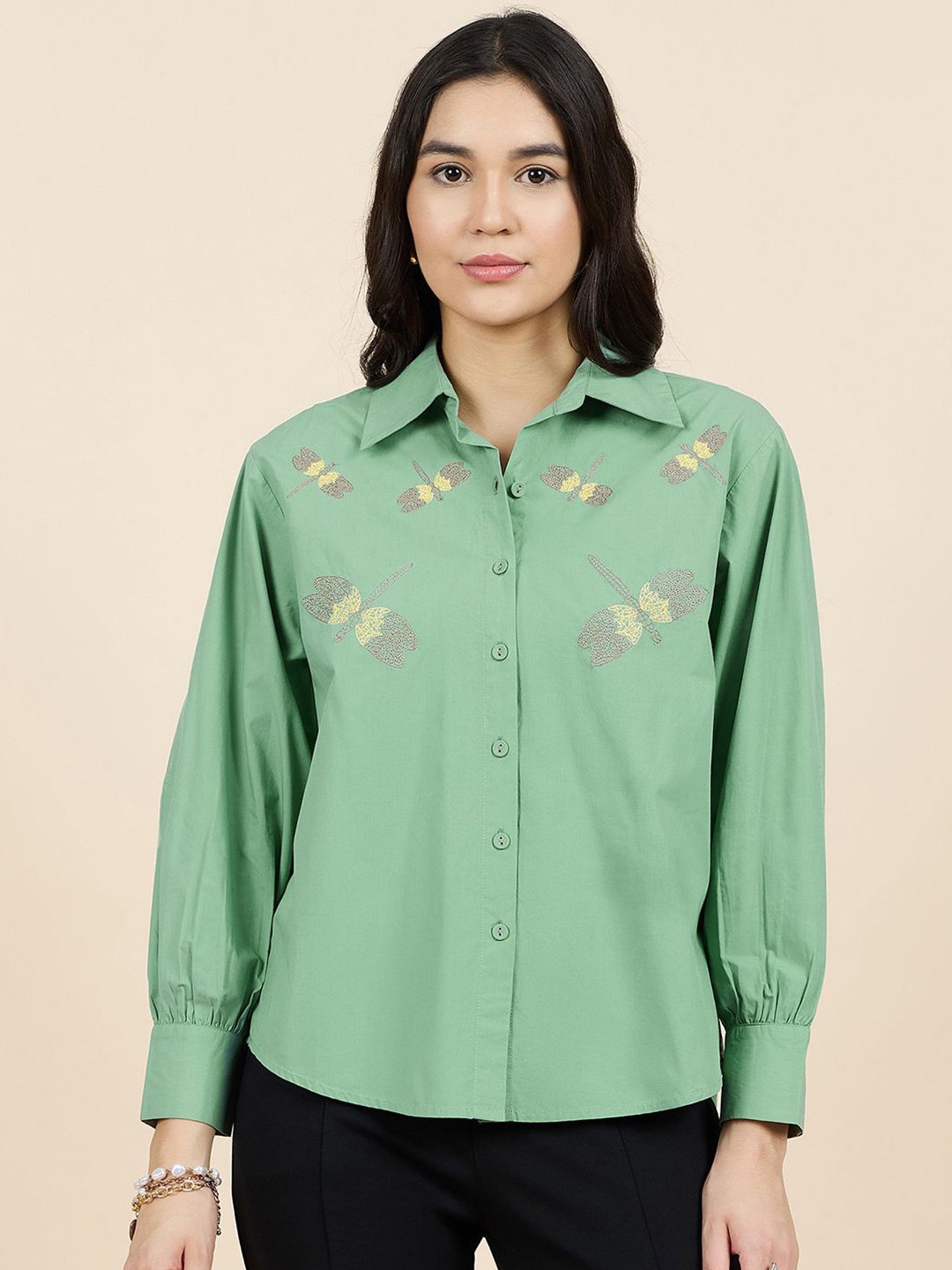 

Gipsy Woman Floral Print Cotton Shirt Style Top, Green