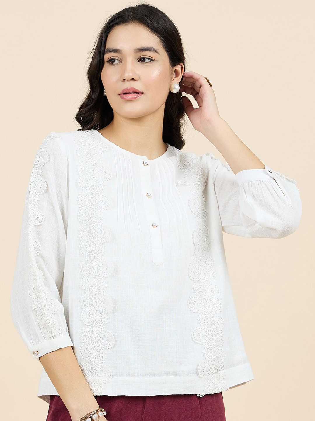 

Gipsy Woman Solid Puff Sleeve Cotton Top, White