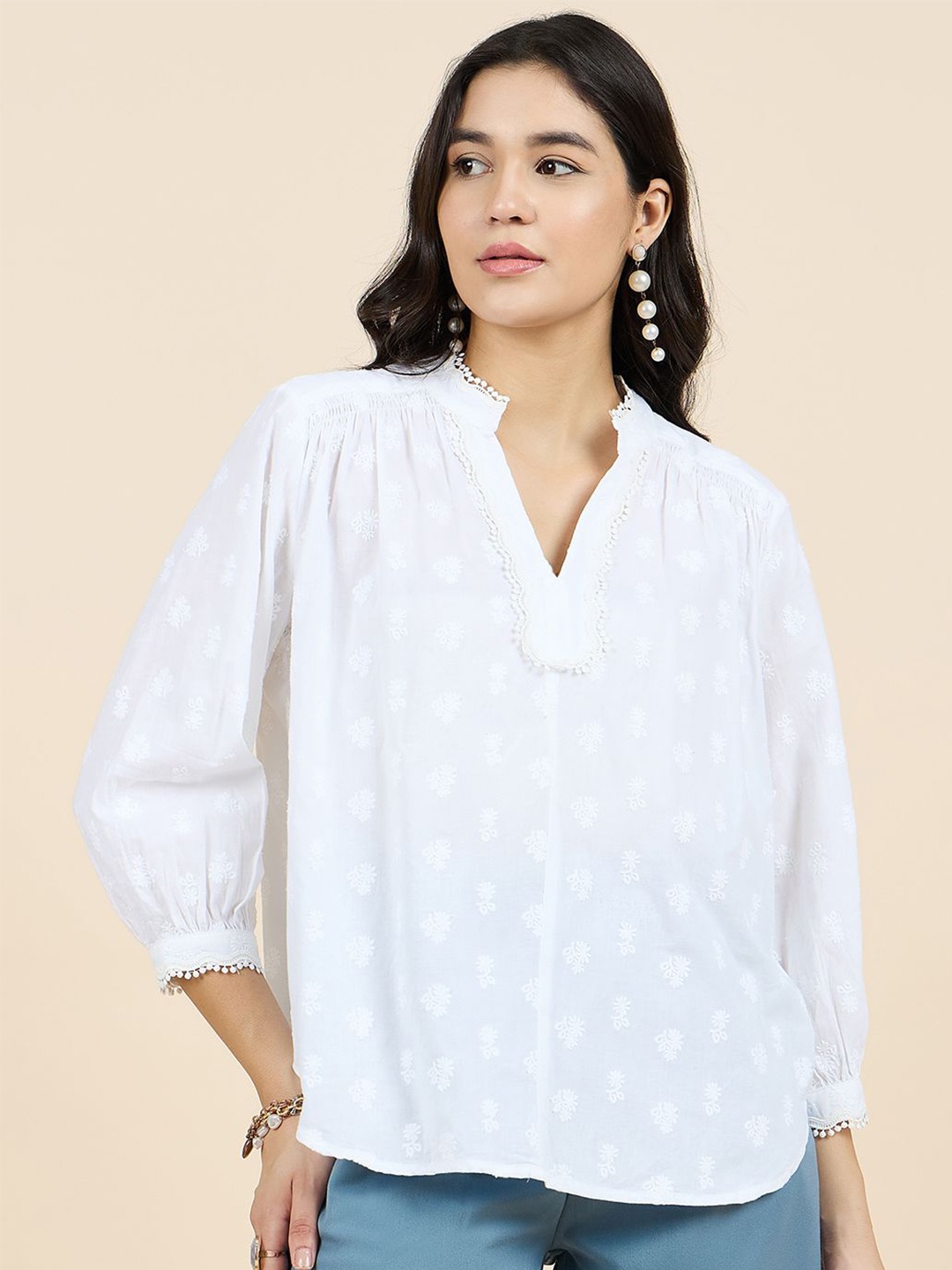 

Gipsy Cotton Print Mandarin Collar Cuffed Sleeves Shirt Style Top, White