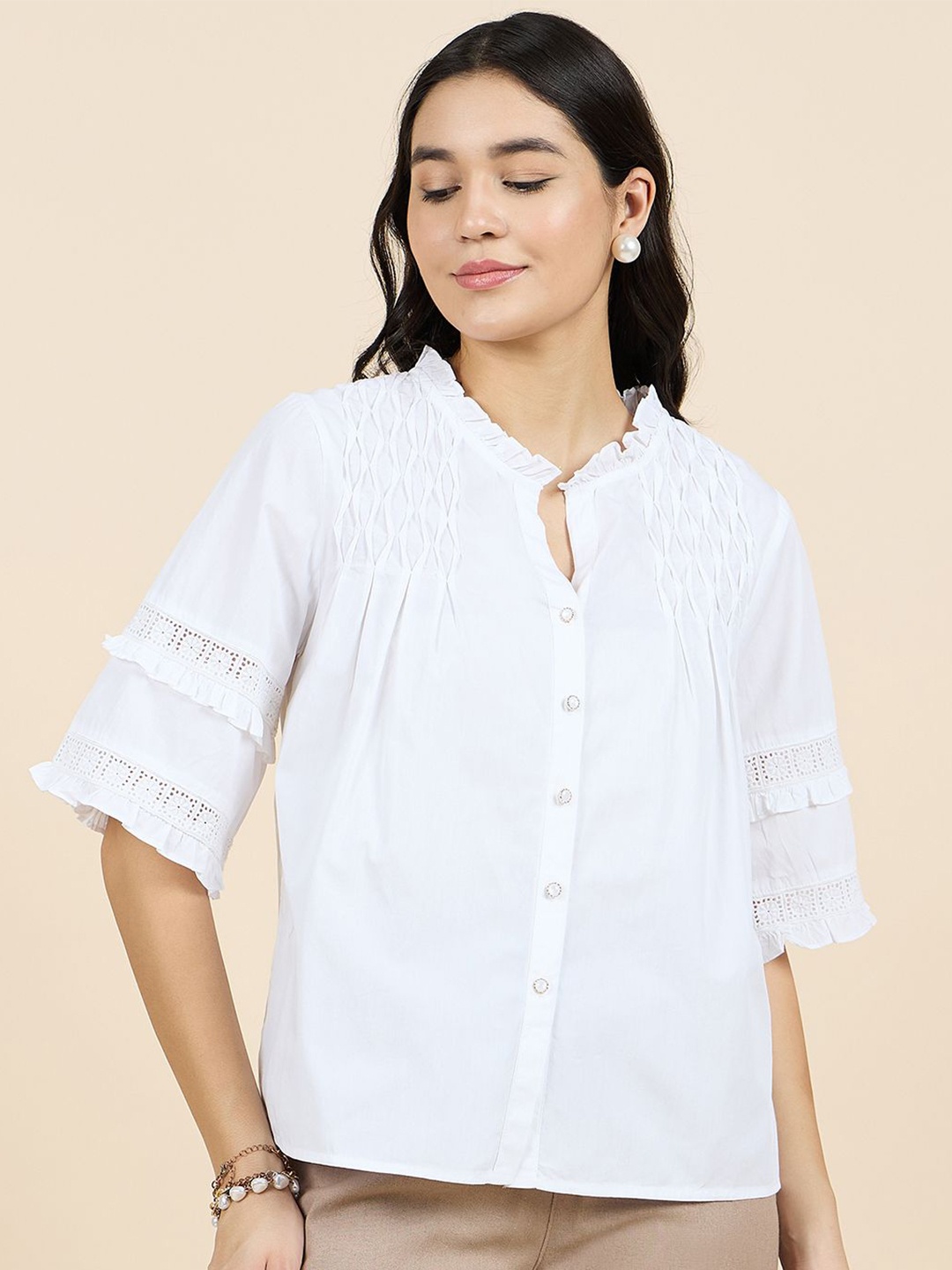

Gipsy Women Tie-Up Neck Bell Sleeve Cotton Shirt Style Top, White