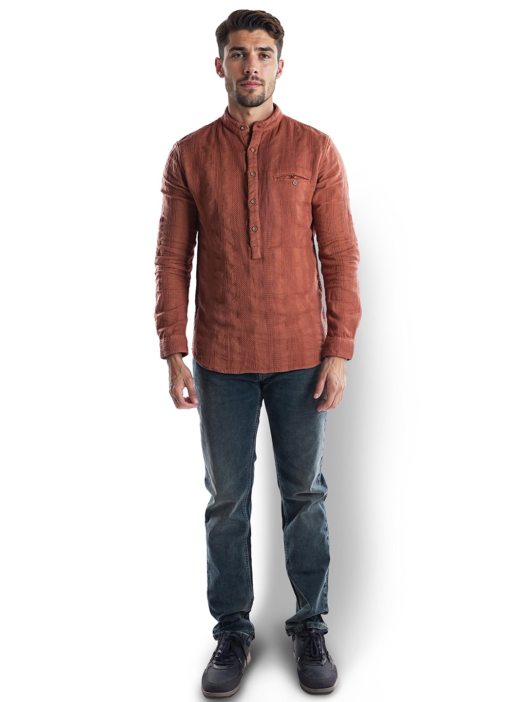 

Celio Men Classic Mandarin Collar Opaque Casual Shirt, Rust