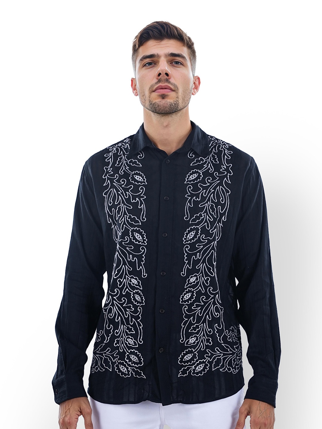 

Celio Embroidered Spread Collar Casual Shirt, Black