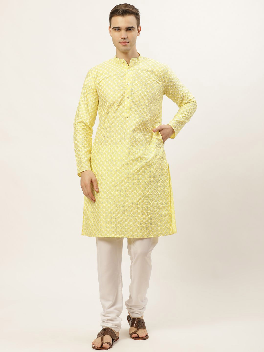 

Jompers Ethnic Motifs Embroidered Chikankari Straight Kurta With Churidar, Yellow