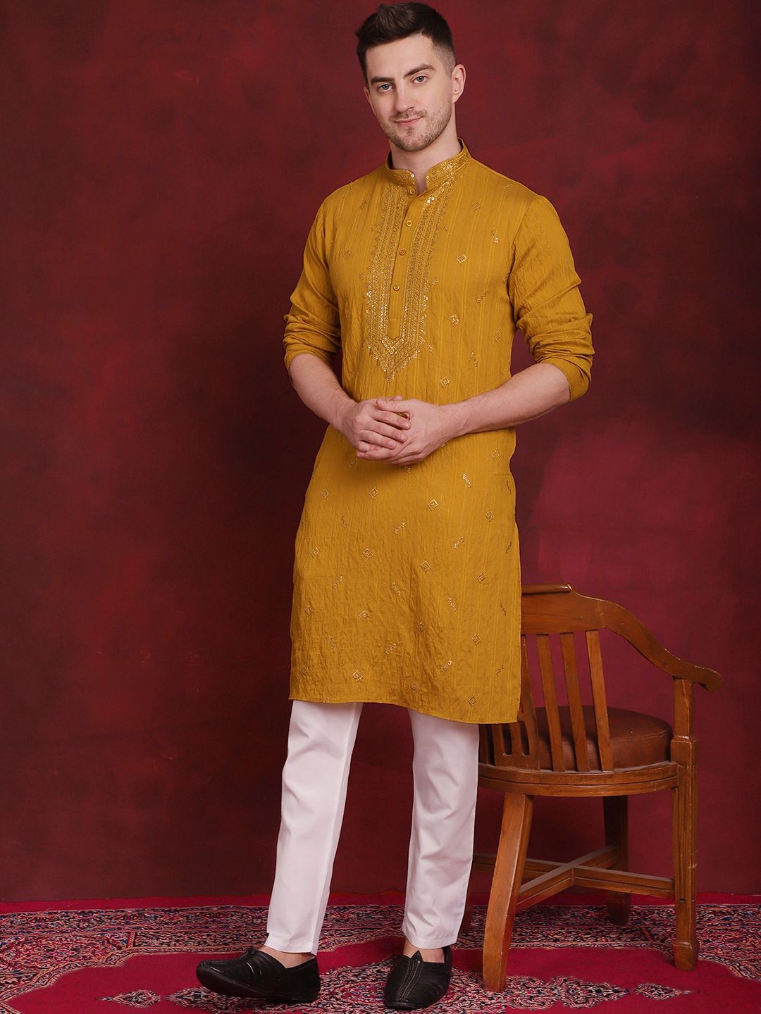 

Jompers Ethnic Motifs Embroidered Regular Sequinned Straight Kurta with Pyjamas, Mustard