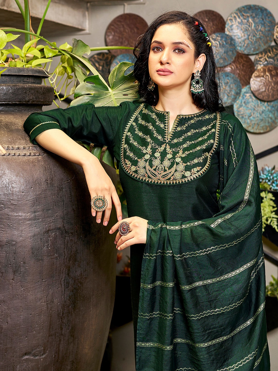 

KALINI Ethnic Motifs Yoke Design Thread Work Regular Kurta with Trousers & Dupatta, Green