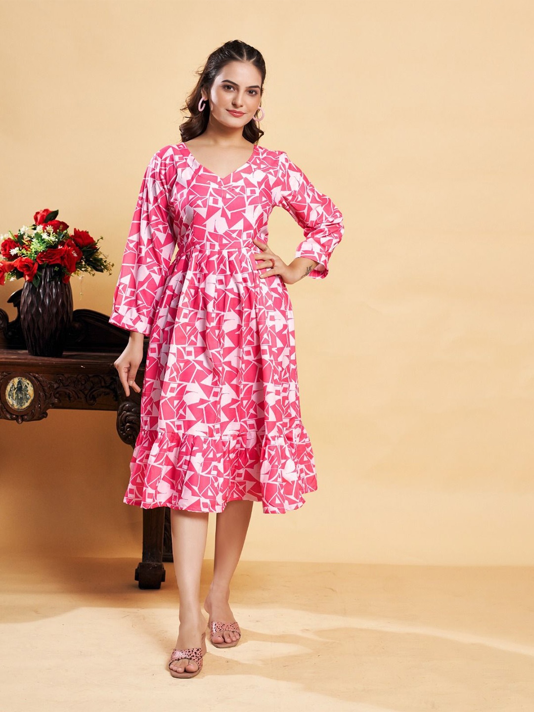 

ANAMSA Printed Fit and Flare Midi Dress, Pink