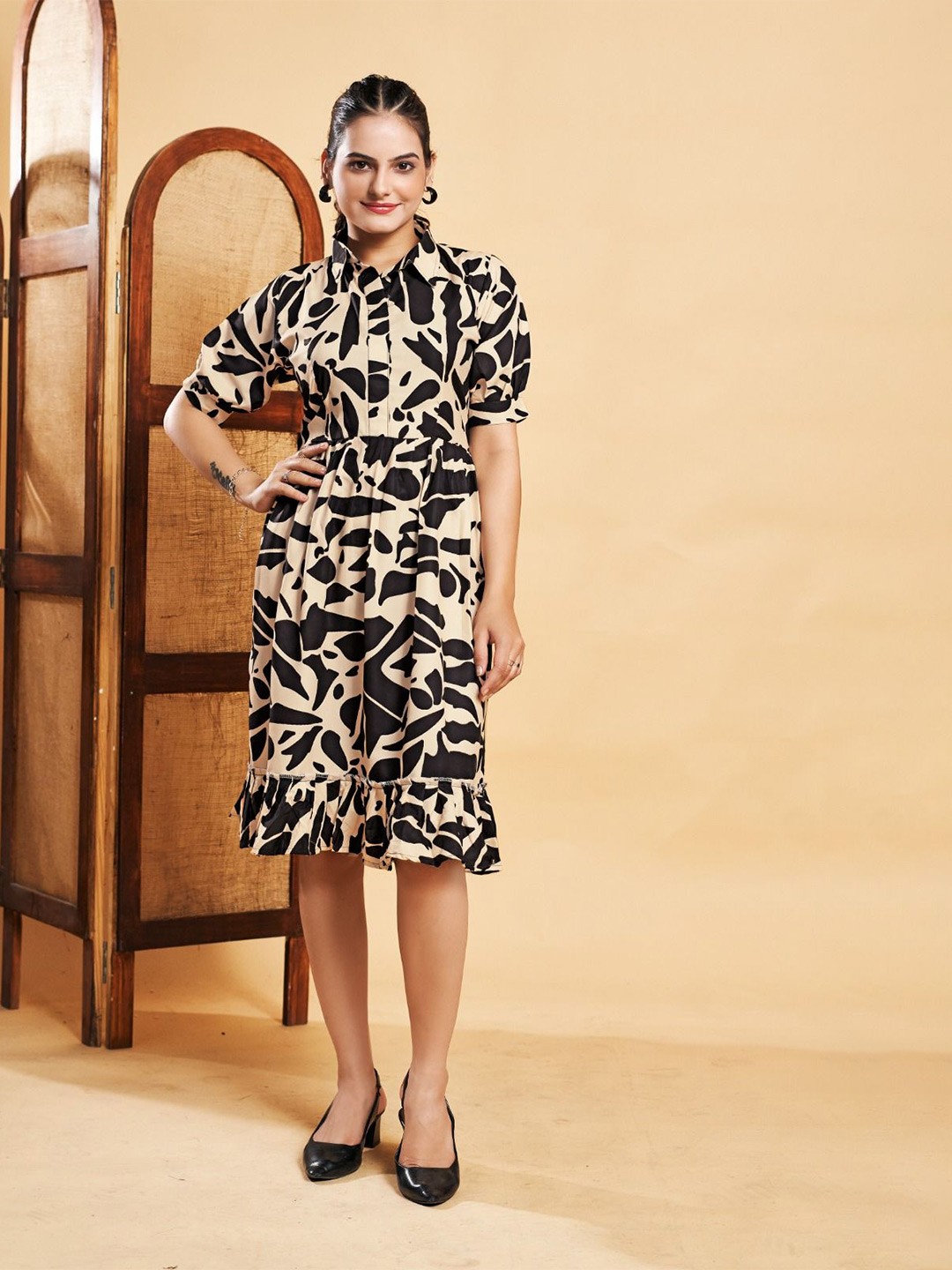 

ANAMSA Print Puff Sleeves A-Line Midi Dress, Black