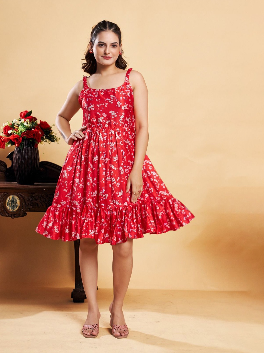 

ANAMSA Floral Print Ruffled Fit & Flare Midi Dress, Red