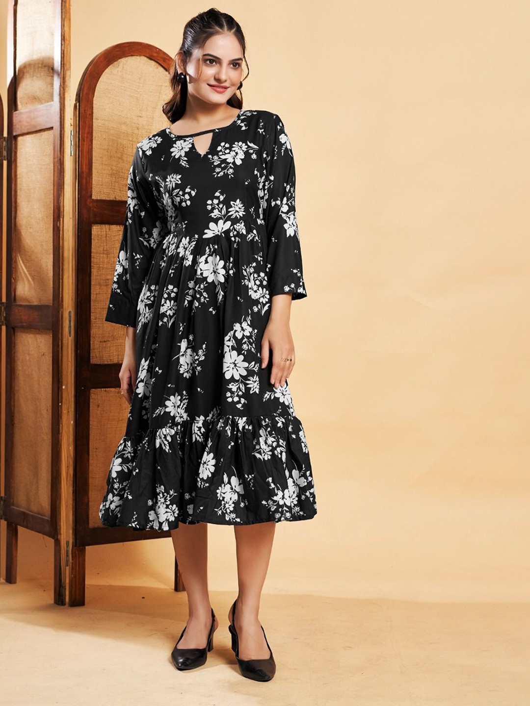 

ANAMSA Floral Print Ruffled A-Line Midi Dress, Black
