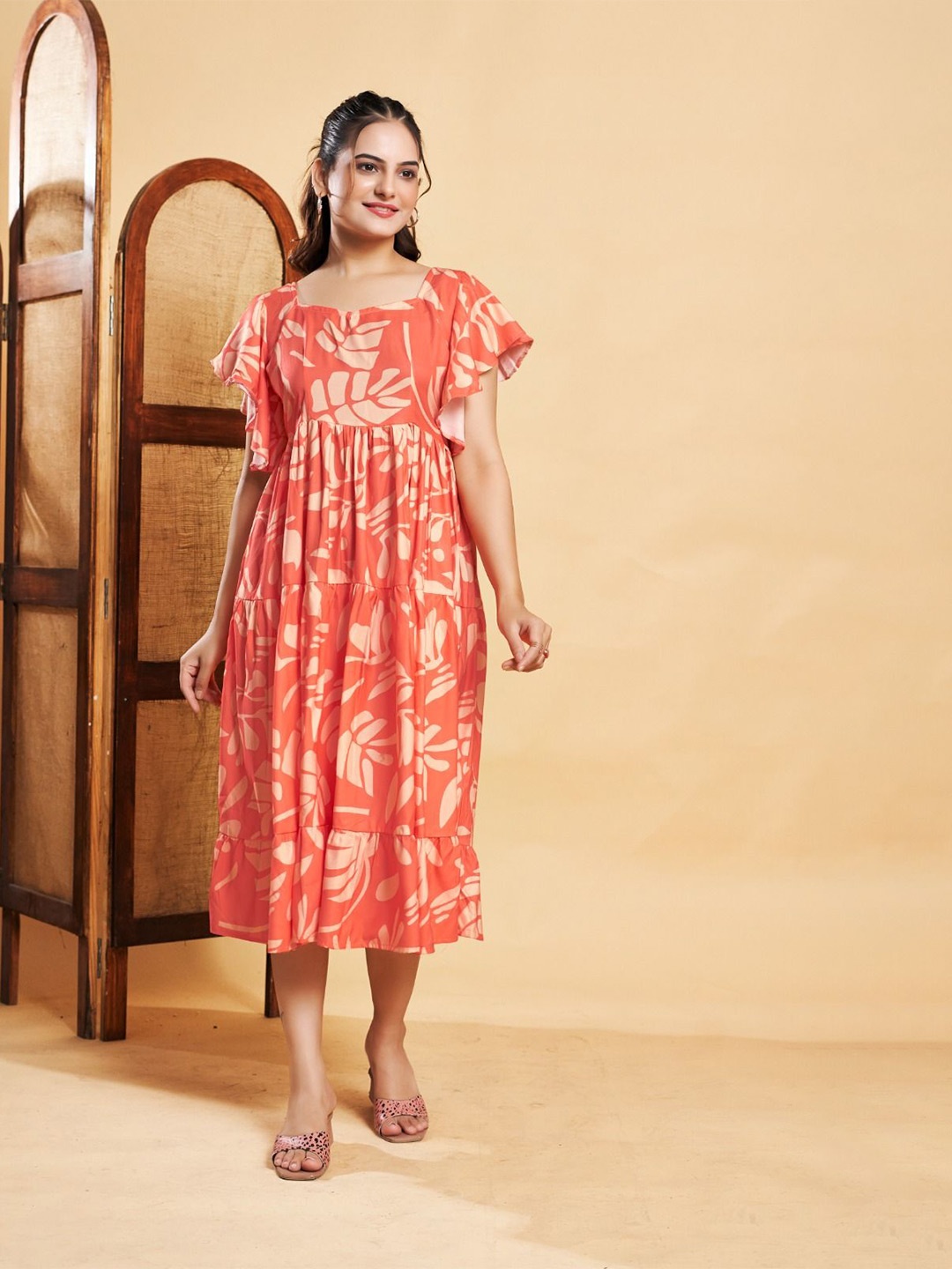 

ANAMSA Floral Print Flared Sleeves Empire Midi Dress, Orange