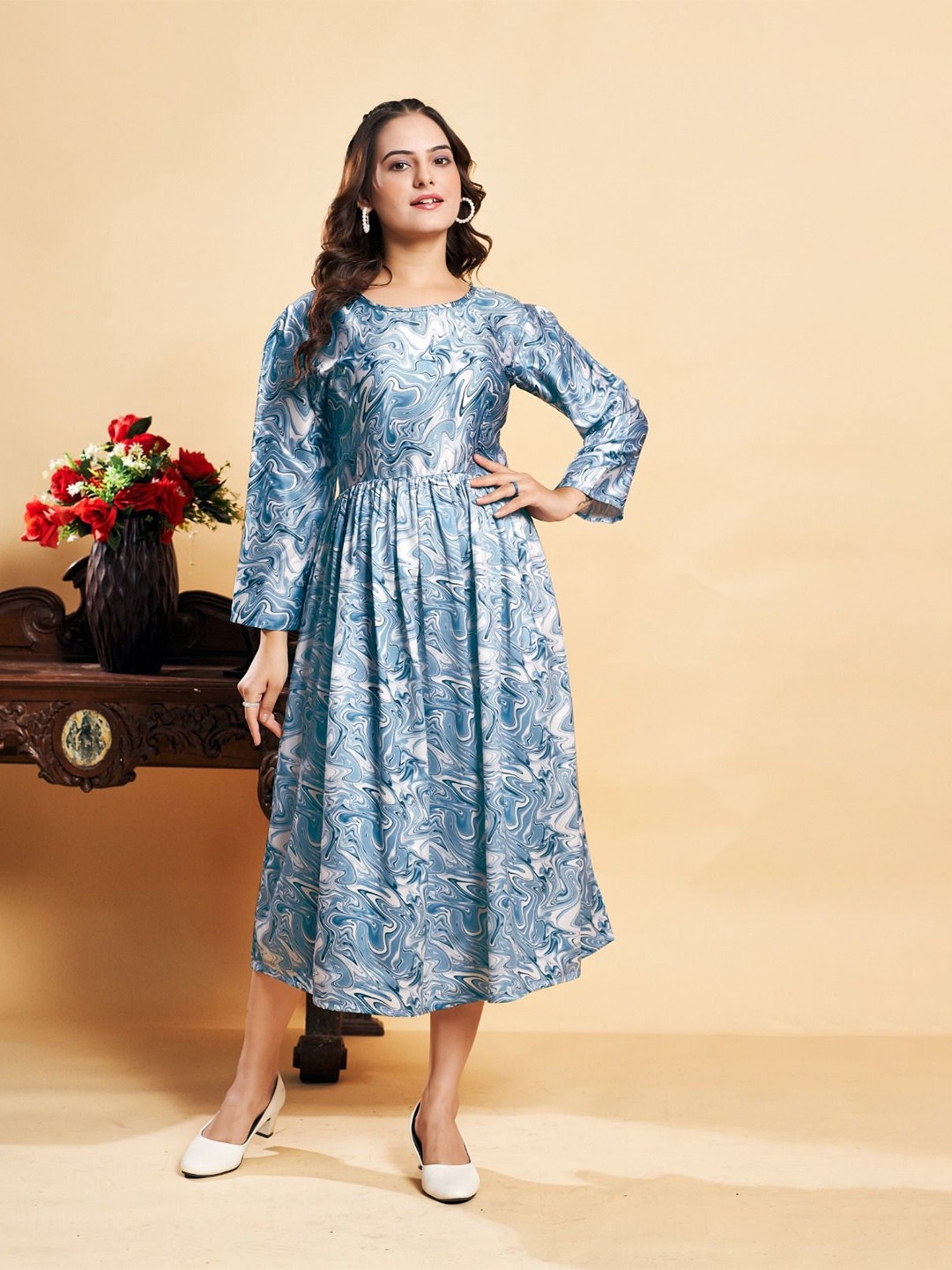 

ANAMSA Print Fit & Flare Midi Dress, Blue