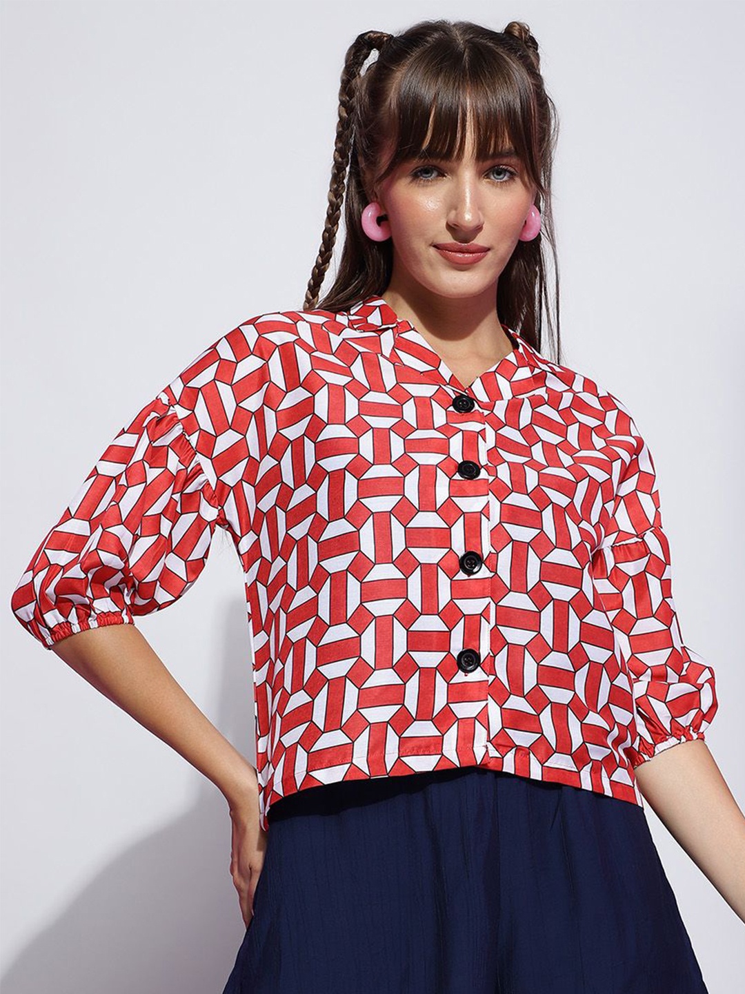 

BAESD Women Printed Mandarin Collar Puff Sleeves Opaque Casual Shirt, Red