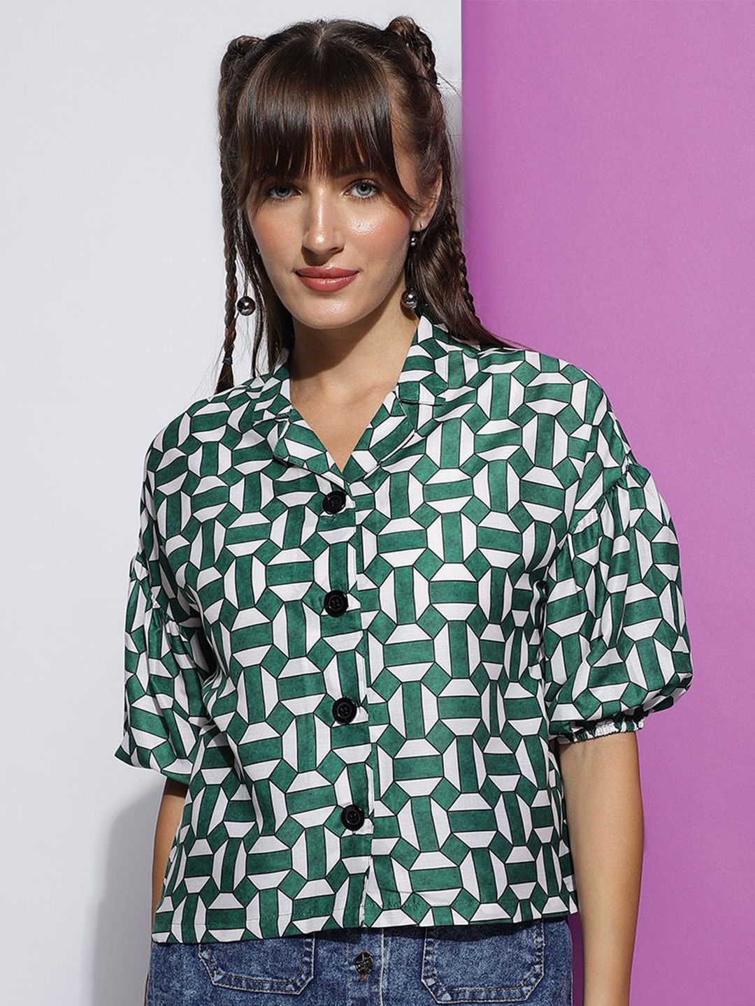 

BAESD Women Opaque Printed Spread Collar Casual Shirt, Green