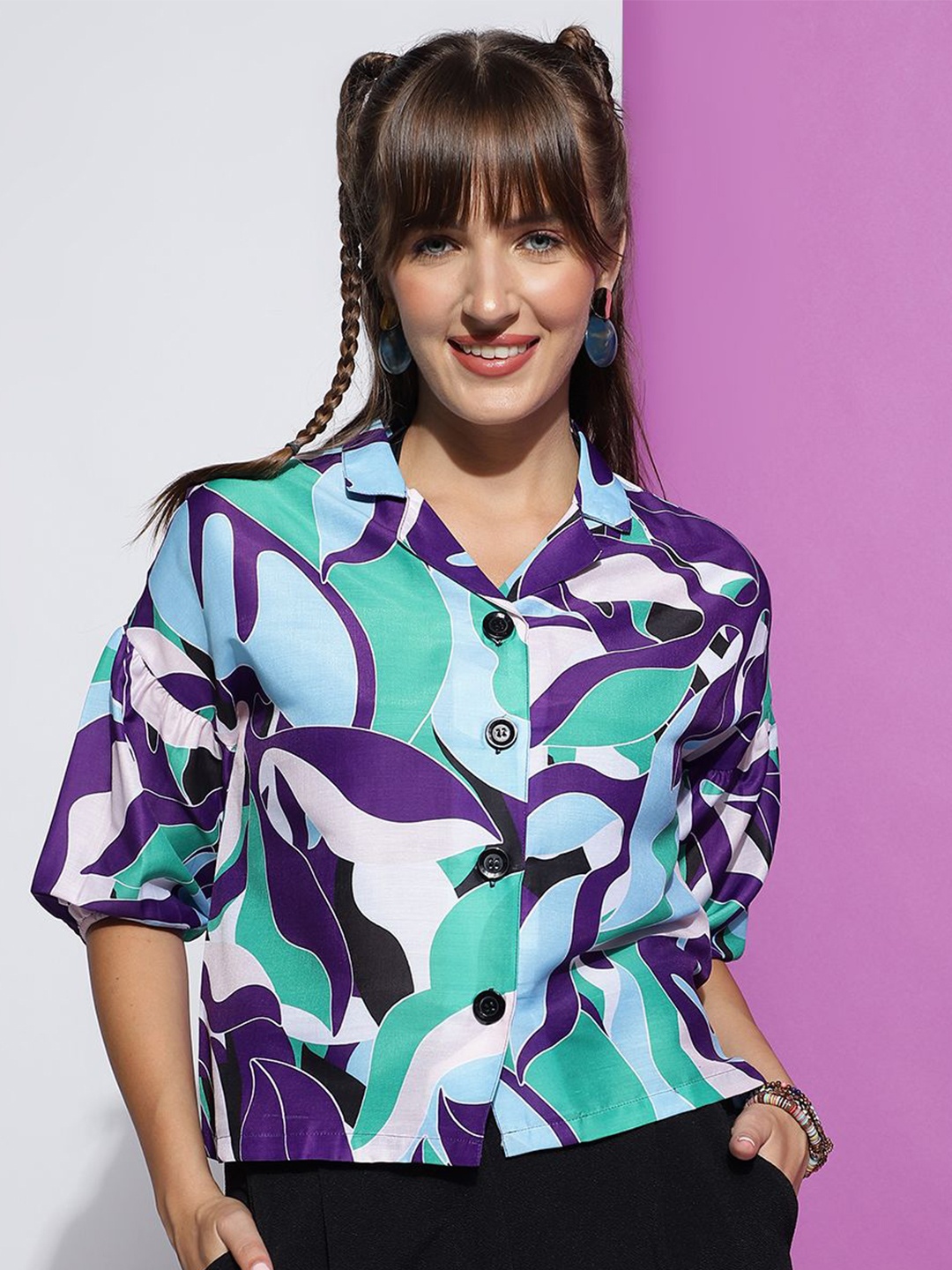 

BAESD Women Opaque Printed Spread Collar Casual Shirt, Violet