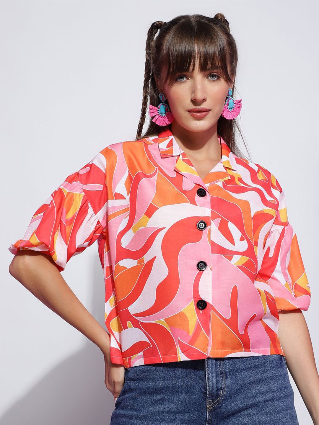 

BAESD Women Opaque Printed Spread Collar Casual Shirt, Orange