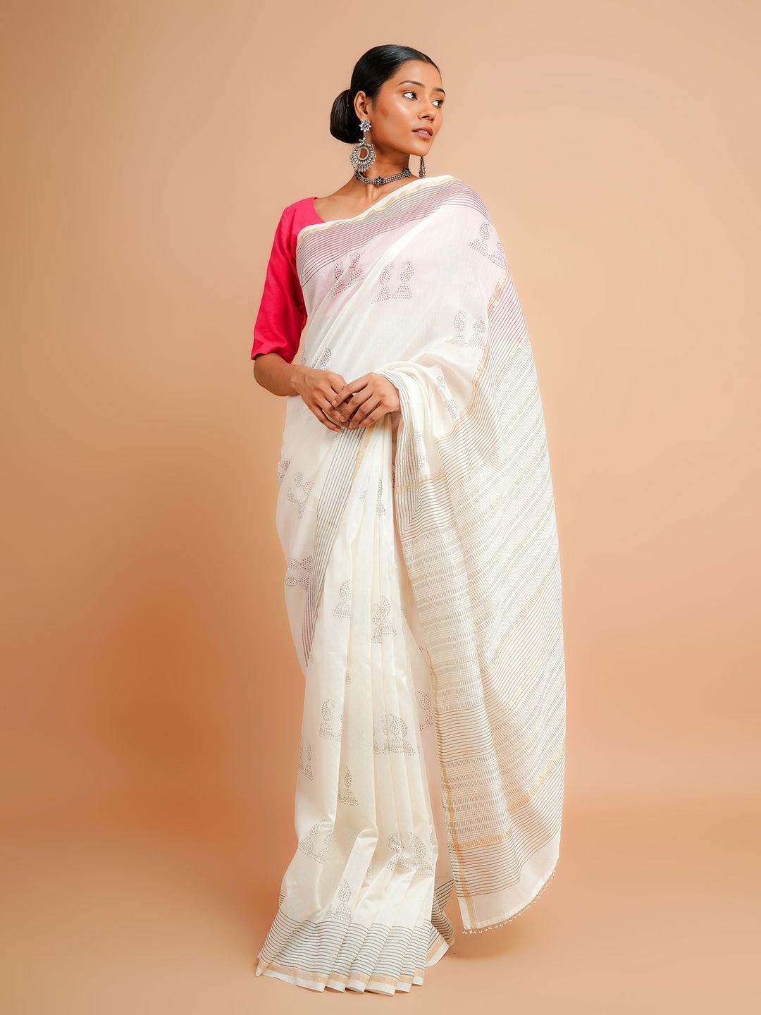 

Taavi Block Printed Chanderi Sarees, White