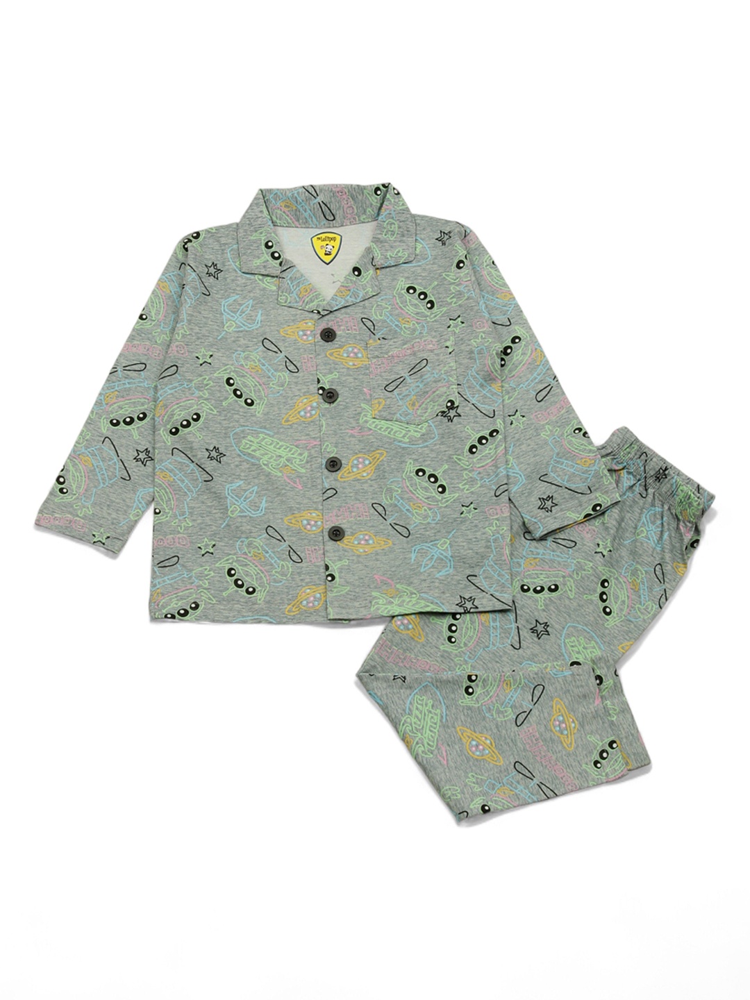 

Lil Lollipop Kids Lapel Collar Long Sleeves Printed Pure Cotton Night suit, Grey