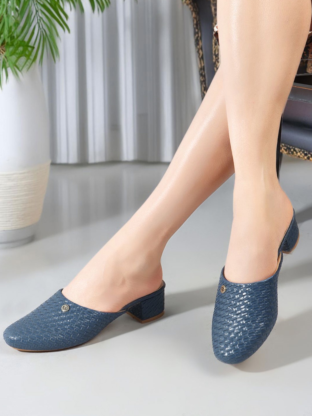 

Carlton London Textured Round Toe Block Heeled Mules, Blue