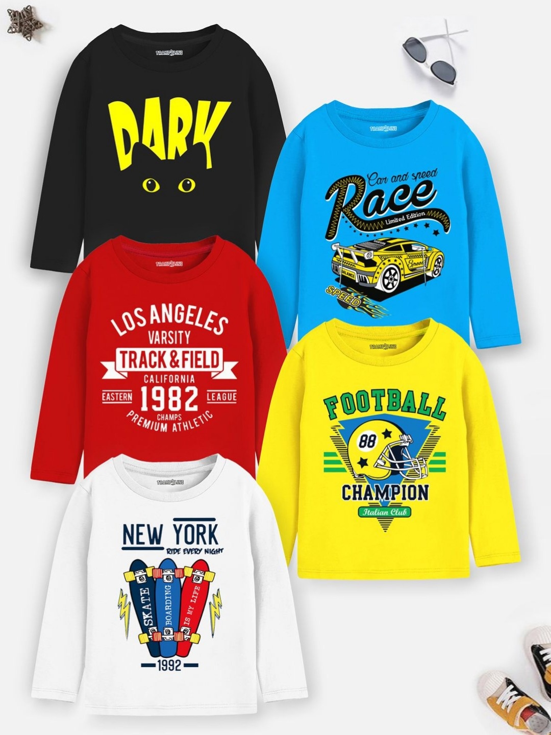 

YK X Trampoline Boys Pack Of 5 Typography Printed Round Neck T-shirts, Red
