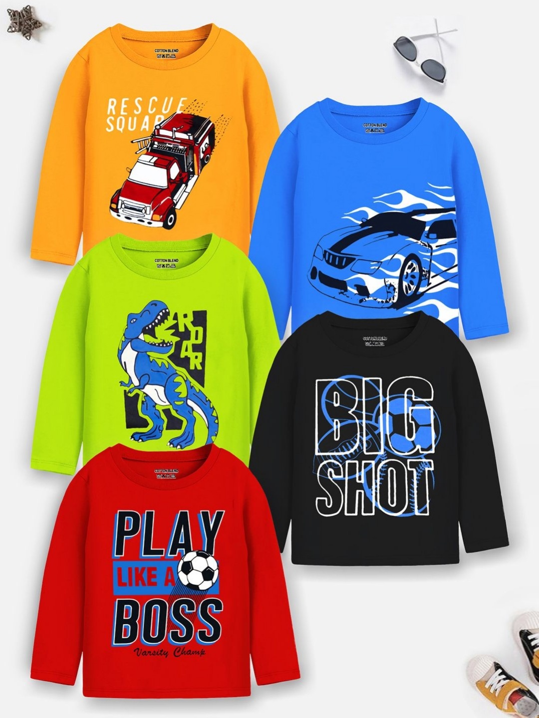 

YK X Trampoline Boys Pack Of 5 Graphic Printed Round Neck T-shirts, Green