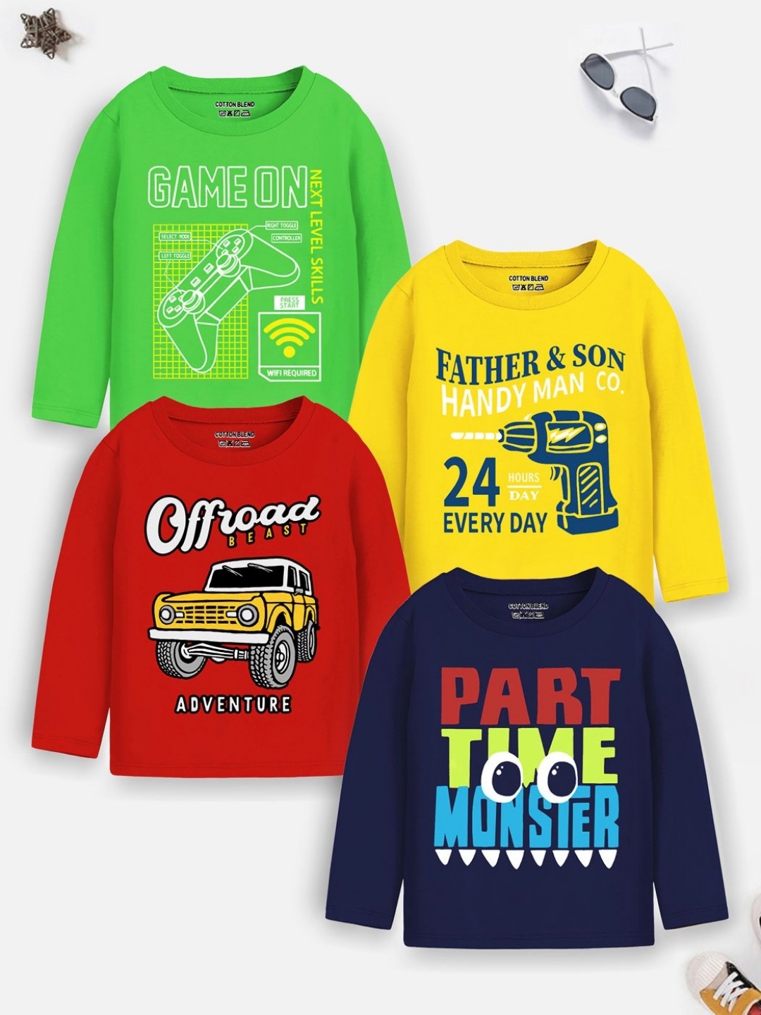 

YK X Trampoline Boys Pack Of 4 Printed Cotton T-shirts, Green