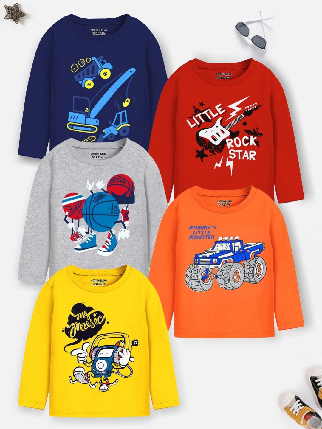 

YK X Trampoline Boys Pack Of 5 Graphic Printed Round Neck T-shirts, Blue