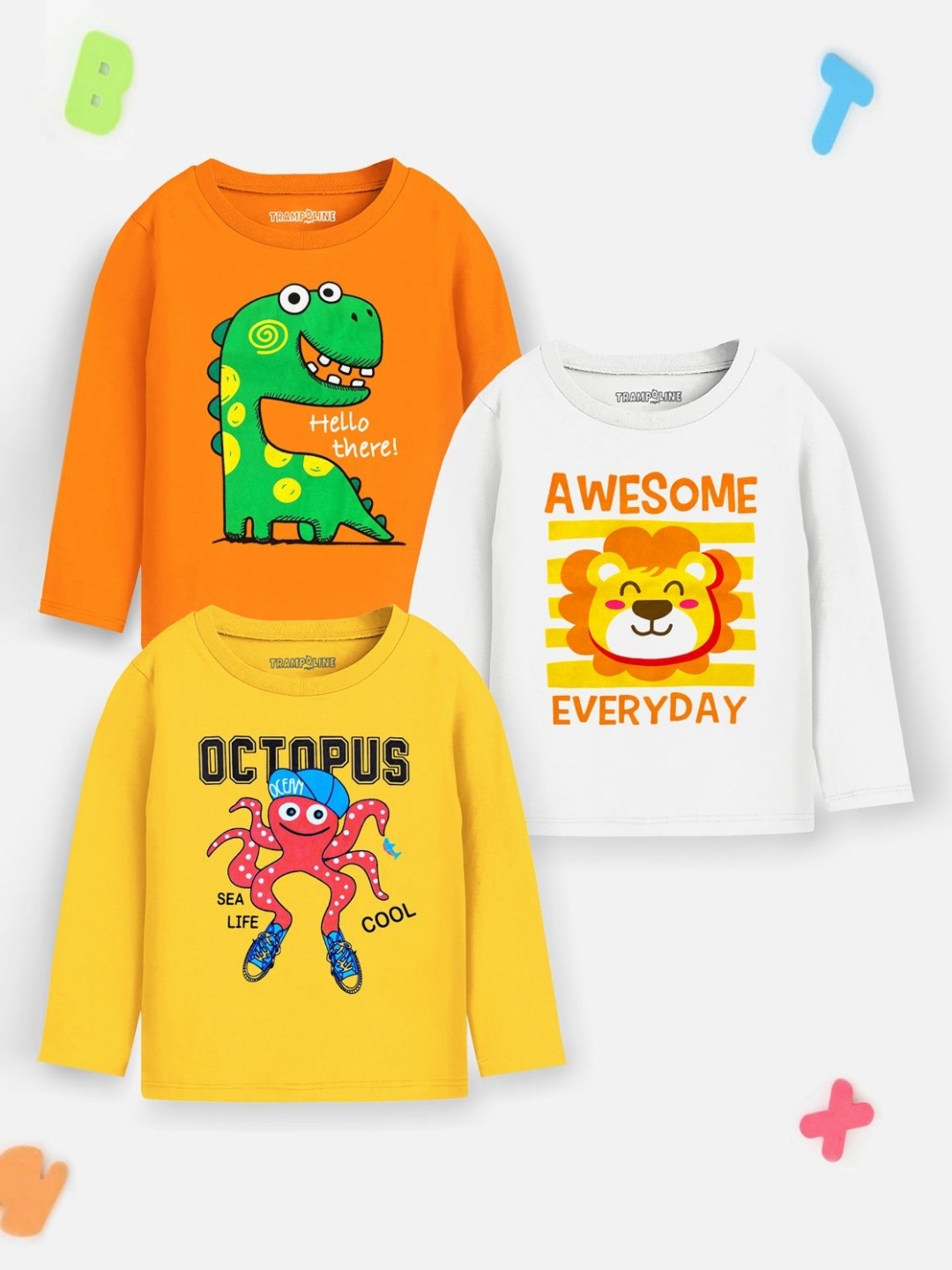 

YK X Trampoline Boys Pack Of 3 Graphic Printed Round Neck T-shirts, White
