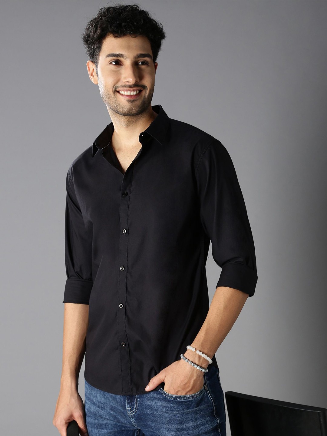 

British Club Men Smart Slim Fit Spread Collar Opaque Casual Shirt, Black