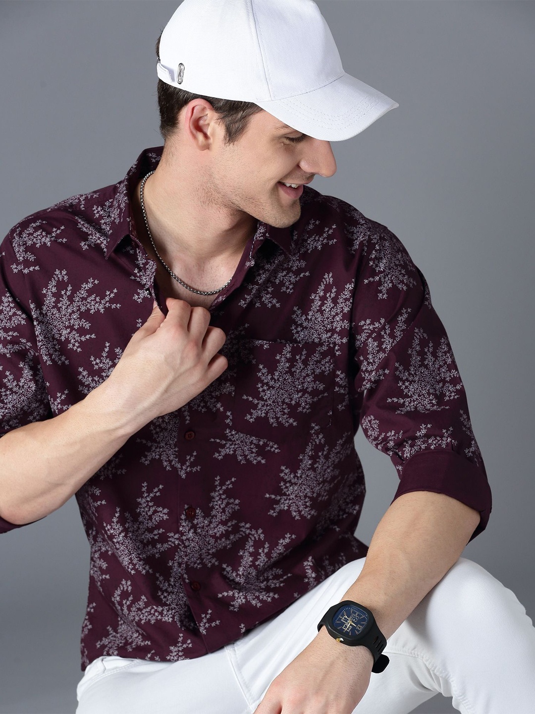 

British Club Men cotton Smart Slim Fit Opaque Printed Casual Shirt, Burgundy