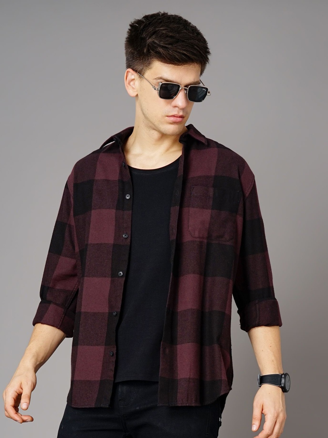 

British Club Men Smart Slim Fit Tartan Checks Opaque Checked Casual Shirt, Purple