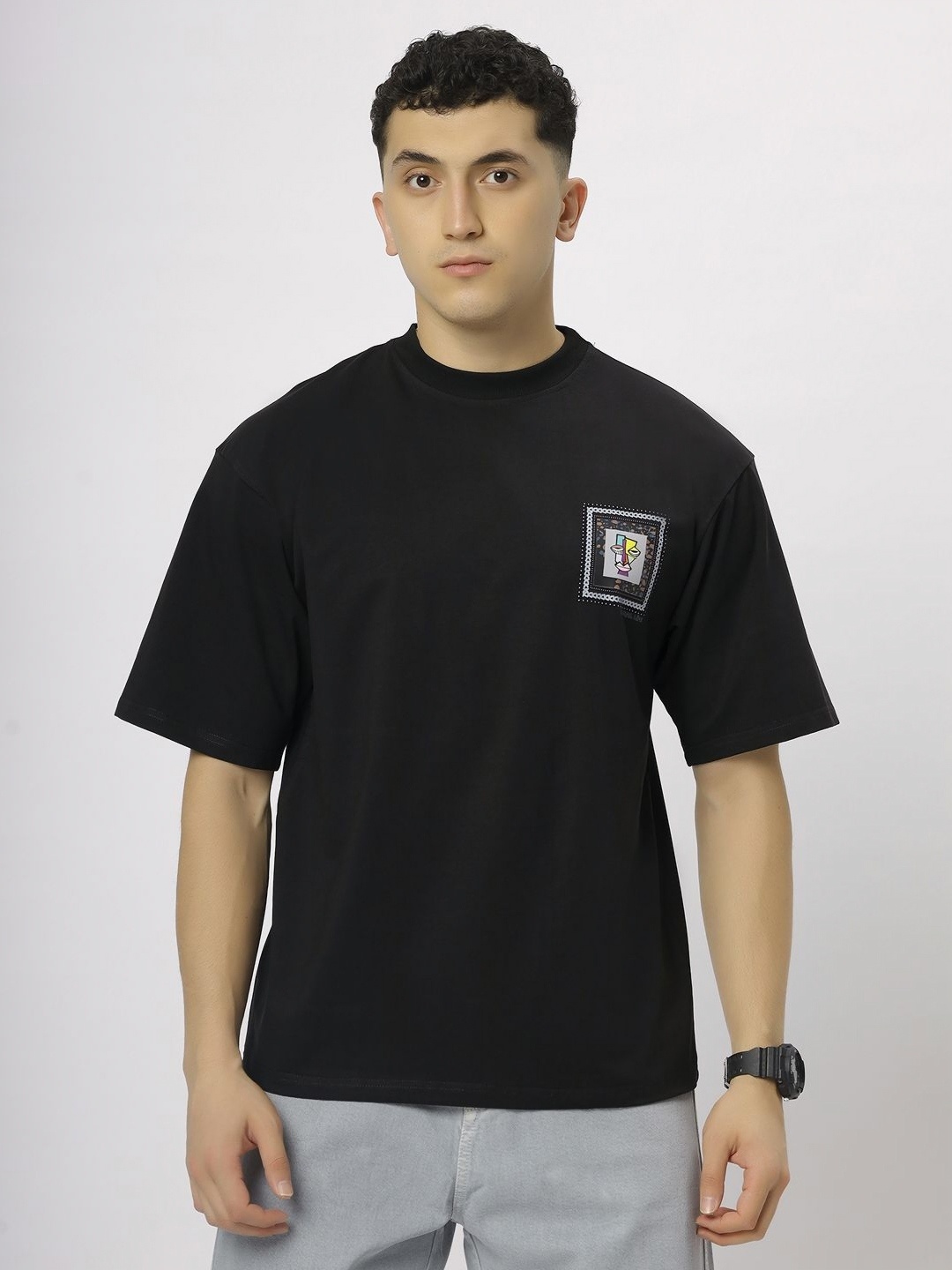 

N AND J Men Typography Applique T-shirt, Black