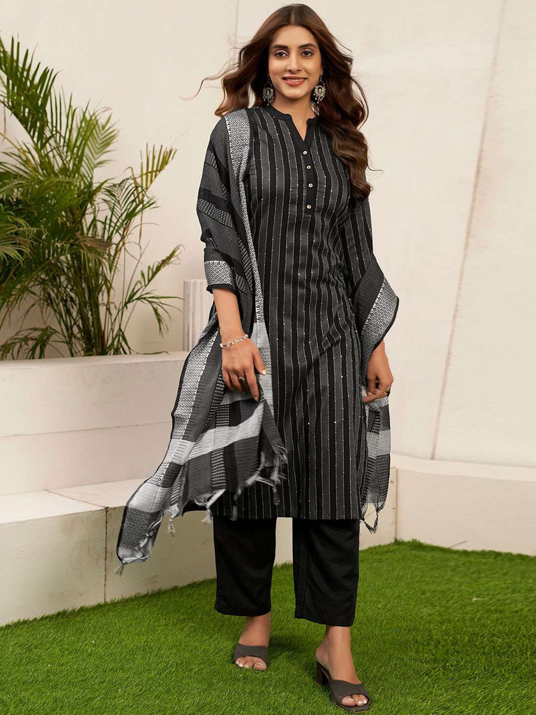 

KALINI Striped Regular Sequinned Straight Kurta with Trousers & With Dupatta, Black