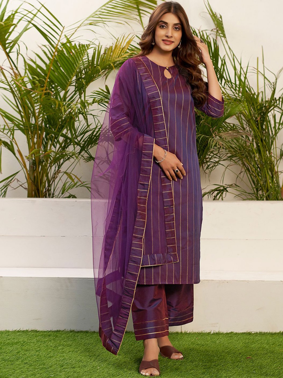 

KALINI Striped Keyhole Neck Regular Straight Kurta With Trousers & Dupatta, Purple