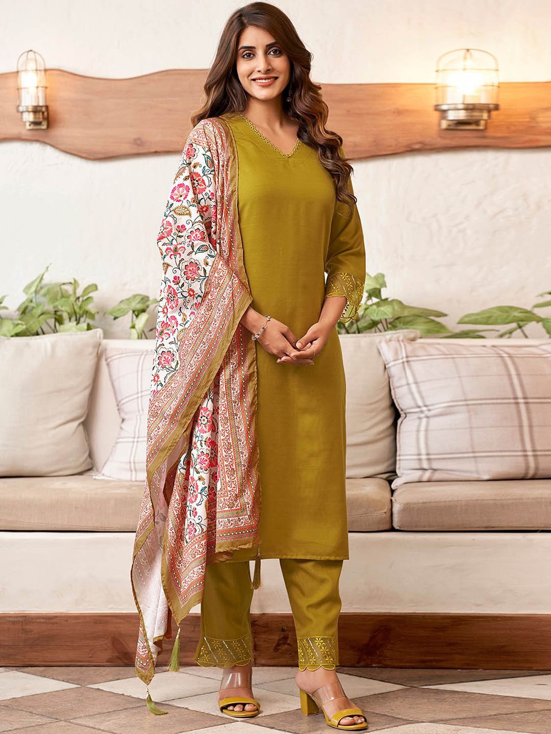 

KALINI Regular Sequinned Straight Kurta with Trousers & With Dupatta, Yellow