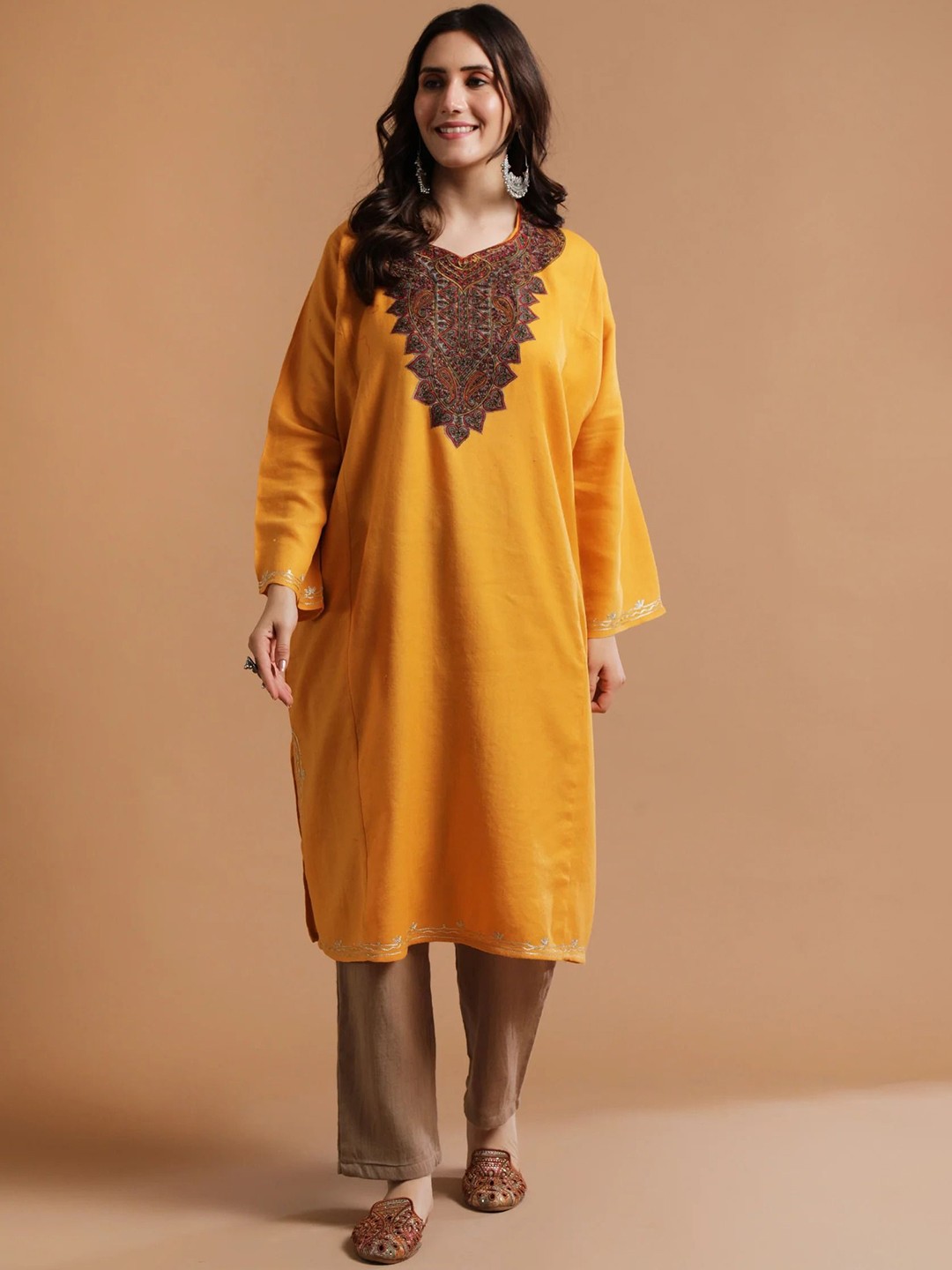 

TJORI Floral Yoke Designed Pakistani Style Thread Work Pure Wool Kurta with Trousers, Yellow