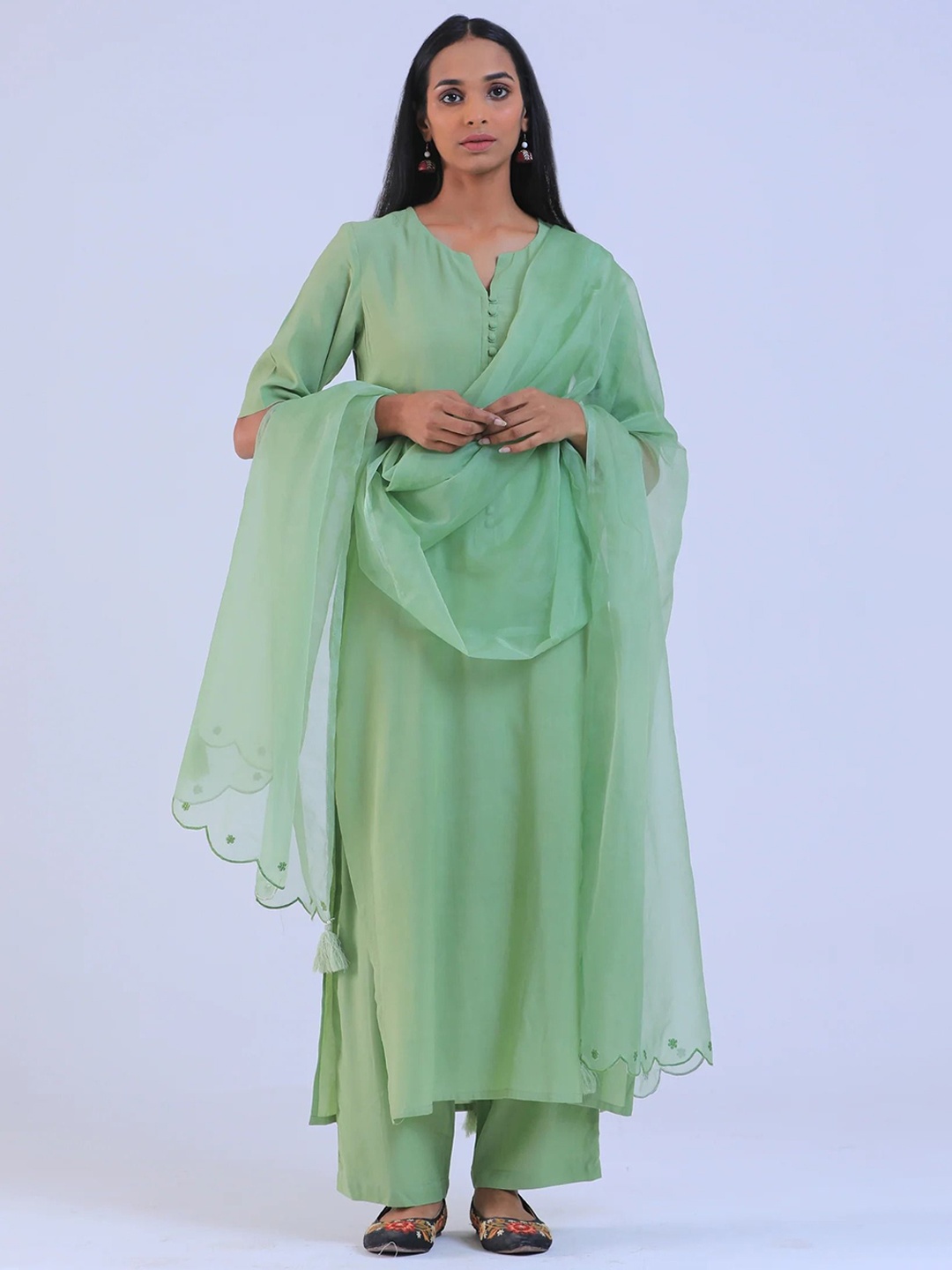 

TJORI Notch Neck Pure Cotton Straight Kurta & Palazzos With Dupatta, Green