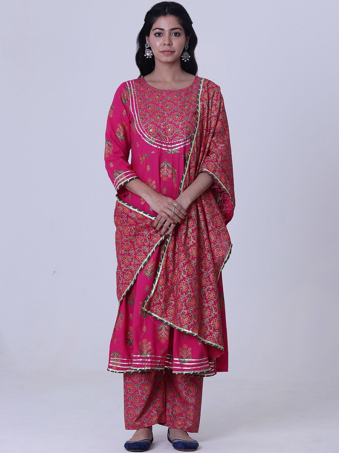 

TJORI Floral Printed Empire Pure Cotton Kurta with Trousers & Dupatta, Pink