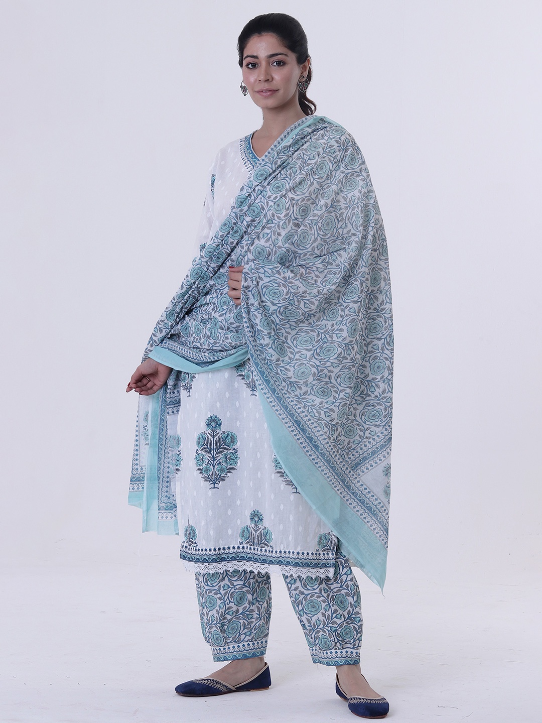 

TJORI Floral Printed Regular Pure Cotton Kurta with Salwar & With Dupatta, White